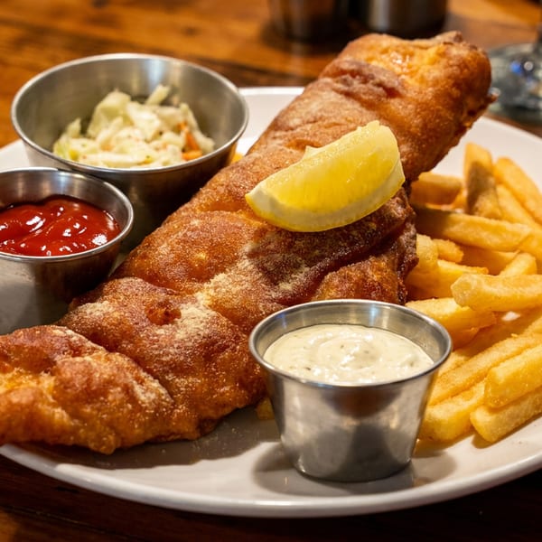 Golden-brown fish and chips with lemon, coleslaw, ketchup, and tartar sauce on a white plate.